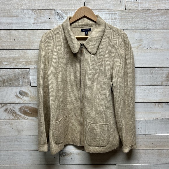 Lands End Jacket Womens 16 Beige Wool Herringbone Full Zip Pockets - Picture 1 of 11